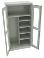 Open metal cabinet with two glass-paneled doors. The left side has two wide shelves, while the right side features six narrower shelves. The cabinet is empty and has a minimalist design.