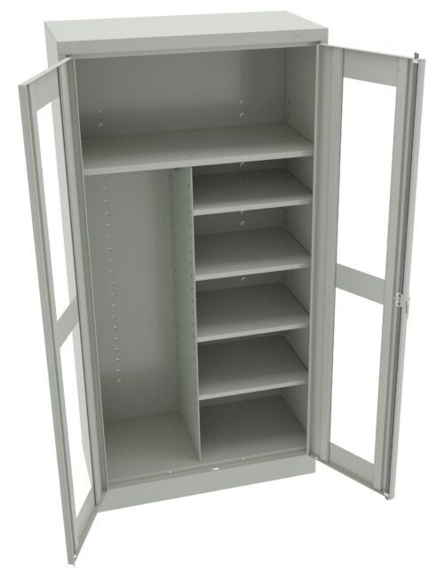 zdfad0wiwtzyyrc04bsr.jpg Open metal cabinet with two glass-paneled doors. The left side has two wide shelves, while the right side features six narrower shelves. The cabinet is empty and has a minimalist design.