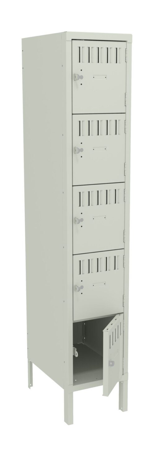 A tall, light gray locker with four compartments. The bottom compartments door is open, revealing an empty interior. Each compartment has ventilation slots and a lockable handle. The locker stands on four legs.