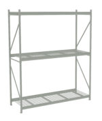 A metal storage rack with two wire mesh shelves and a sturdy frame, designed for industrial or garage use. It has cross-bracing on the sides and back for support. The rack is empty and shown against a plain white background.
