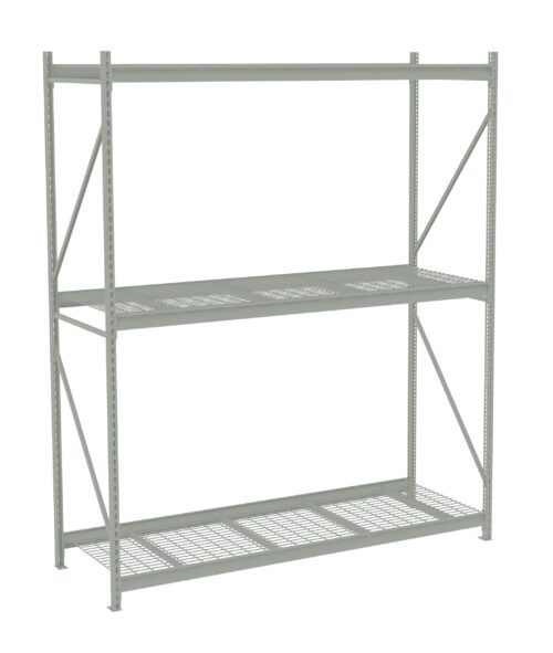 A metal storage rack with two wire mesh shelves and a sturdy frame, designed for industrial or garage use. It has cross-bracing on the sides and back for support. The rack is empty and shown against a plain white background.
