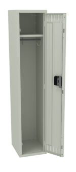 A metal storage locker with its door open, featuring a single shelf and a hanging rod inside. The locker is painted in a light gray color, and the door has slots for ventilation and a secure lock mechanism.