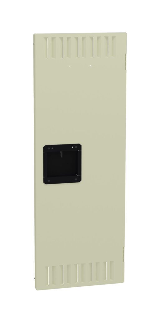 A beige rectangular electrical panel cover with a black square cutout in the center. There are symmetrical air vents at the top and bottom edges. The panel is shown against a white background.