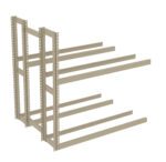 A digital rendering of a metal cantilever rack with two vertical beams and five horizontal arms on each side, designed for storing long, bulky items. The structure is beige and set against a plain white background.