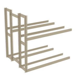 A digital rendering of a metal cantilever rack with two vertical beams and five horizontal arms on each side, designed for storing long, bulky items. The structure is beige and set against a plain white background.