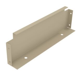 A beige metal bracket with a rectangular shape, featuring two circular holes on the bottom edge and two on one side. The bracket has a flat base and vertical extensions with a notch, creating a stepped appearance.