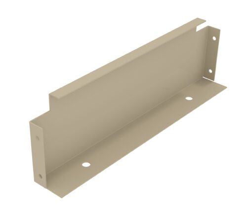 A beige metal bracket with a rectangular shape, featuring two circular holes on the bottom edge and two on one side. The bracket has a flat base and vertical extensions with a notch, creating a stepped appearance.