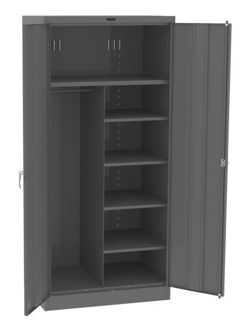zeiuasegf9ddstjtx23n.jpg A tall, gray metal cabinet with open doors revealing multiple compartments. On the left, theres a space with a hanging rod, while the right side has five shelves. The cabinet stands on a plain white background.