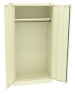 A beige metal storage cabinet with two open doors, revealing an empty interior. It has a single fixed shelf and a clothes hanging rod inside. The cabinet stands upright on a white background.