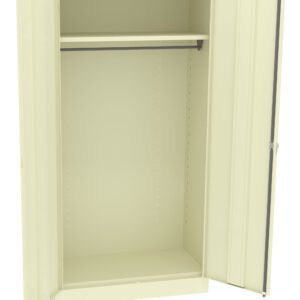 A beige metal storage cabinet with two open doors, revealing an empty interior. It has a single fixed shelf and a clothes hanging rod inside. The cabinet stands upright on a white background.