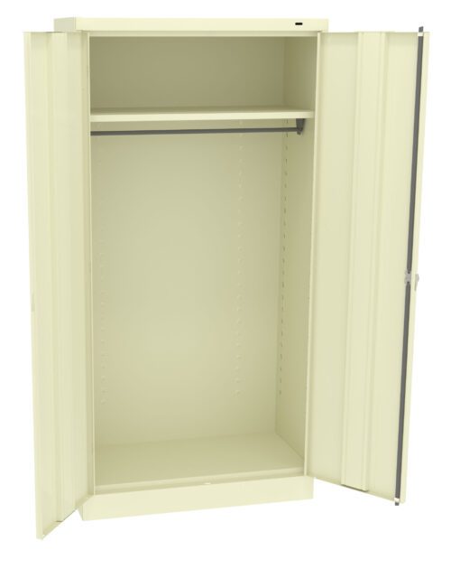 zej03kw0gujmddc9doud.jpg A beige metal storage cabinet with two open doors, revealing an empty interior. It has a single fixed shelf and a clothes hanging rod inside. The cabinet stands upright on a white background.