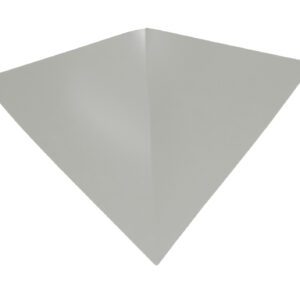 A simple, white paper plane with a sleek, triangular design is resting on a plain surface, viewed from above. The plane is symmetrical and the light creates subtle shadows along the creases.