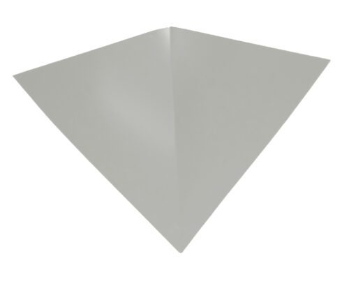 A simple, white paper plane with a sleek, triangular design is resting on a plain surface, viewed from above. The plane is symmetrical and the light creates subtle shadows along the creases.
