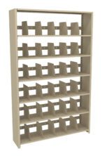 Beige metal bookcase with seven shelves, each containing adjustable dividers for organizing materials. The open-back design offers a clear view through the shelves.