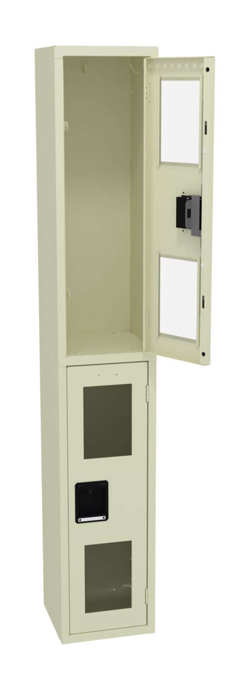 zf6fxlwrc78fhma9rxty.jpg Tall beige metal cabinet with two sections. The top section door is open, revealing empty space. The lower section has a closed door with two windows and a smaller opening. Both doors have rectangular cutouts.