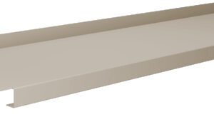 A beige metal shelf panel with perforated brackets on the sides, designed for integration into a shelving unit. The surface is smooth and rectangular, with slightly elevated edges along the length.