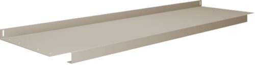 zfcboombrqjlsuek0en0.jpg A beige metal shelf panel with perforated brackets on the sides, designed for integration into a shelving unit. The surface is smooth and rectangular, with slightly elevated edges along the length.