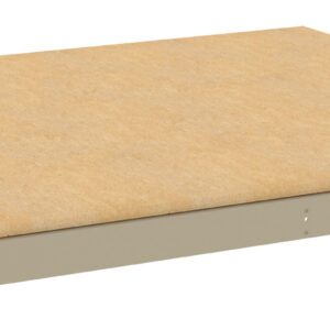 A rectangular tan particle board panel with a thick border around the edges, possibly used as a shelf or tabletop. The border appears to be a light gray or silver metallic frame. The surface is smooth and flat.