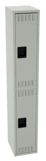 A tall, light gray metal locker with two stacked compartments, each with a black handle. The locker has ventilation slots near the top, middle, and bottom sections.