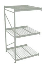 Metal storage rack with three shelves made of wire mesh. The frame is supported by vertical and diagonal bars, providing stability. The structure is suitable for storing various items in a garage, warehouse, or industrial setting.