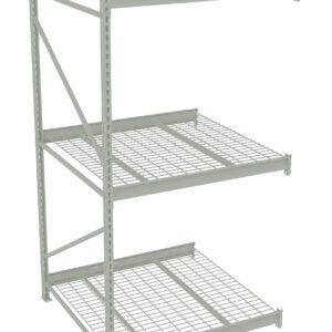 Metal storage rack with three shelves made of wire mesh. The frame is supported by vertical and diagonal bars, providing stability. The structure is suitable for storing various items in a garage, warehouse, or industrial setting.