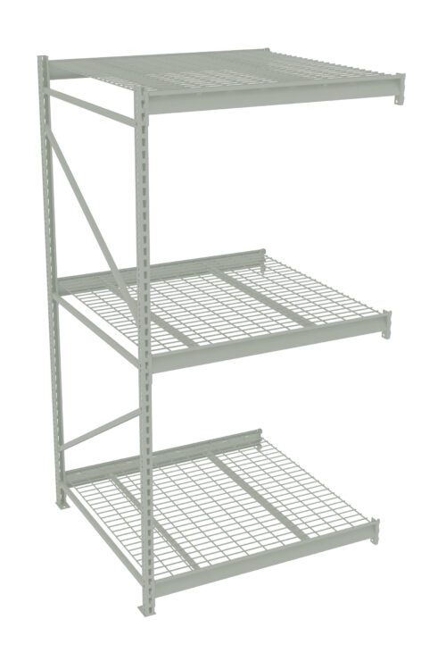 Metal storage rack with three shelves made of wire mesh. The frame is supported by vertical and diagonal bars, providing stability. The structure is suitable for storing various items in a garage, warehouse, or industrial setting.