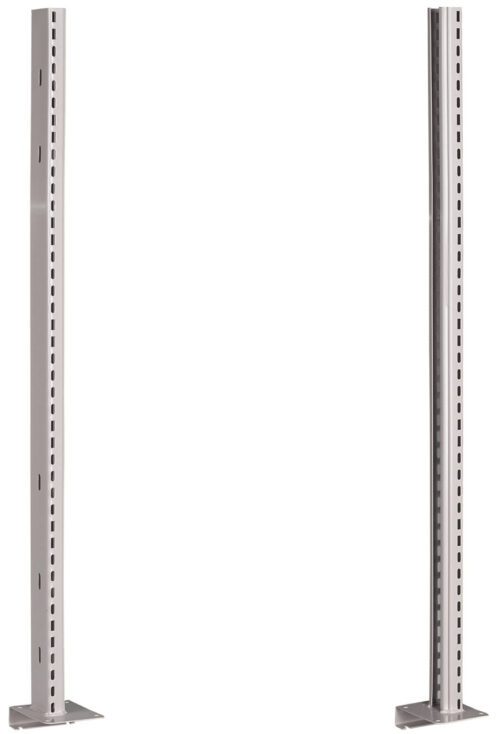 Two vertical, gray metal uprights with evenly spaced holes, standing parallel to each other. They have flat bases for support on the ground.