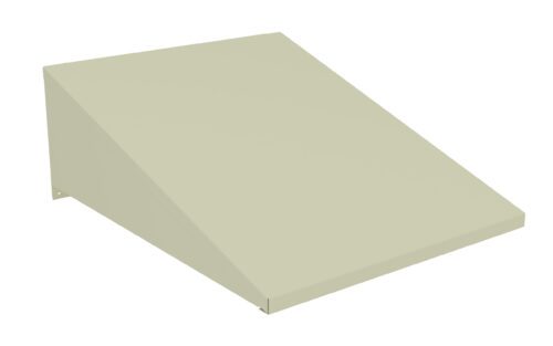 zg9uij0lqugpf7yj1fal.jpg A 3D rendering of a beige, rectangular metal awning with a triangular side profile. The awning slopes downward from the back to the front, designed to be mounted above a window or door.