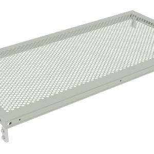 A rectangular perforated metal shelf, light gray in color, with a grid-like pattern of circular holes and supported by four small brackets at the corners.