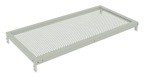 A rectangular perforated metal shelf, light gray in color, with a grid-like pattern of circular holes and supported by four small brackets at the corners.