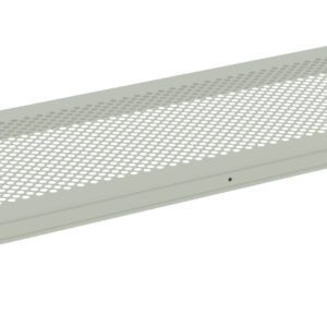A light gray, rectangular metal ventilation grille with perforated holes. It has angled edges and small bracket extensions on each end.
