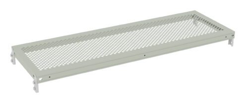 A light gray, rectangular metal ventilation grille with perforated holes. It has angled edges and small bracket extensions on each end.