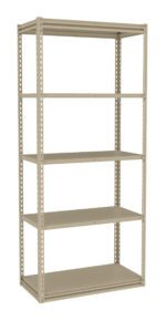 A beige metal storage rack with five shelves. The rack is freestanding and has an open design with vertical support beams featuring holes for adjustable shelving. The overall appearance is sturdy and utilitarian.