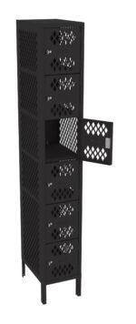 Tall, black metal locker with perforated doors in a diamond pattern. The locker consists of multiple compartments stacked vertically, with one door open. Each compartment has a small label holder and a circular knob for opening.