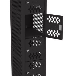 Tall, black metal locker with perforated doors in a diamond pattern. The locker consists of multiple compartments stacked vertically, with one door open. Each compartment has a small label holder and a circular knob for opening.