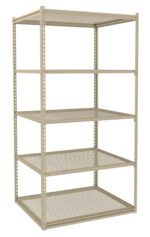 A beige, metal shelving unit with five adjustable shelves, shown empty. The shelves are made of perforated metal, and the frame has a simple, industrial design. Its standing against a plain white background.