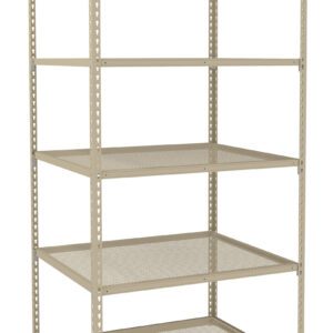 A beige, metal shelving unit with five adjustable shelves, shown empty. The shelves are made of perforated metal, and the frame has a simple, industrial design. Its standing against a plain white background.