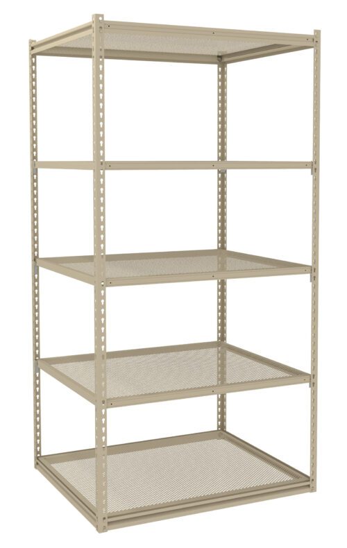 A beige, metal shelving unit with five adjustable shelves, shown empty. The shelves are made of perforated metal, and the frame has a simple, industrial design. Its standing against a plain white background.