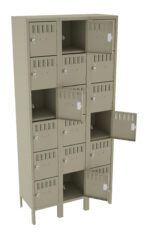 A tall beige metal locker with multiple compartments, some of which are open. Each compartment has ventilation slots and a latch for securing doors. The locker is freestanding and designed for personal storage.