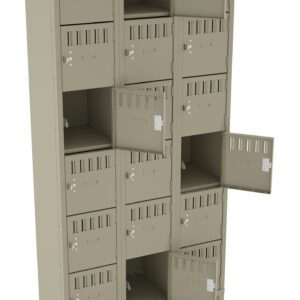 A tall beige metal locker with multiple compartments, some of which are open. Each compartment has ventilation slots and a latch for securing doors. The locker is freestanding and designed for personal storage.