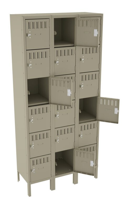 zgwnx3fxropwnamx3ddy.jpg A tall beige metal locker with multiple compartments, some of which are open. Each compartment has ventilation slots and a latch for securing doors. The locker is freestanding and designed for personal storage.