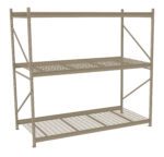 A large industrial metal shelving unit with two wire mesh shelves and a solid top. The structure features a beige finish, cross-bracing for stability, and is designed for heavy-duty storage. The unit is empty and stands against a white background.