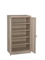 The beige metal storage cabinet, designed with security in mind, features two open doors revealing five evenly spaced shelves. Each door boasts a handle with a lock, ensuring safe organization and storage for various items in your workspace.