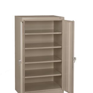 The beige metal storage cabinet, designed with security in mind, features two open doors revealing five evenly spaced shelves. Each door boasts a handle with a lock, ensuring safe organization and storage for various items in your workspace.