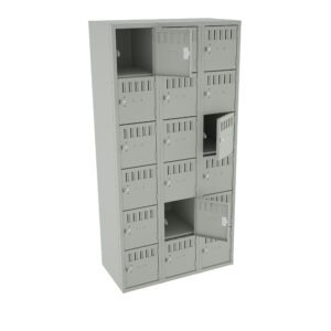 A gray metal locker unit with four columns and five rows of individual compartments. Some locker doors are open, revealing empty interiors. Each door has ventilation slots and a label holder. The design is minimal and functional.