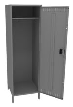 A tall, gray metal locker with one door open. Inside, there is a horizontal metal rod near the top for hanging items. The locker stands on short legs, and the door has a built-in lock.
