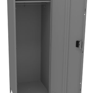 A tall, gray metal locker with one door open. Inside, there is a horizontal metal rod near the top for hanging items. The locker stands on short legs, and the door has a built-in lock.