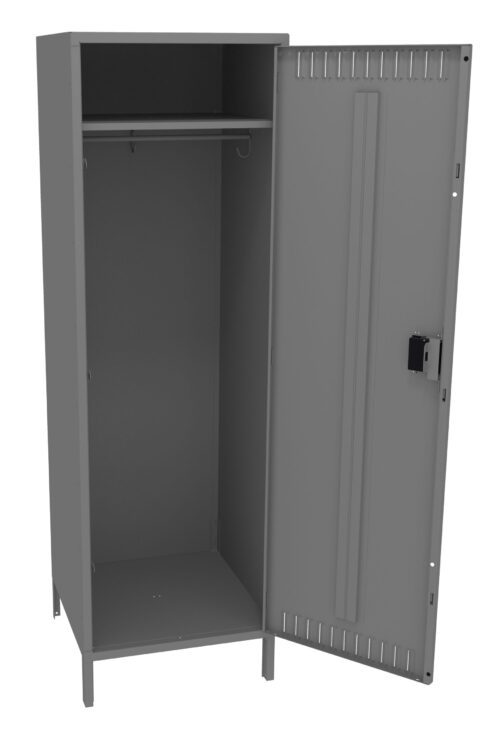 A tall, gray metal locker with one door open. Inside, there is a horizontal metal rod near the top for hanging items. The locker stands on short legs, and the door has a built-in lock.