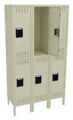 A beige six-compartment locker with two rows and three columns. The top middle locker door is open, showing an empty interior. Each locker has a black rectangular handle and ventilation slots at the top and bottom.