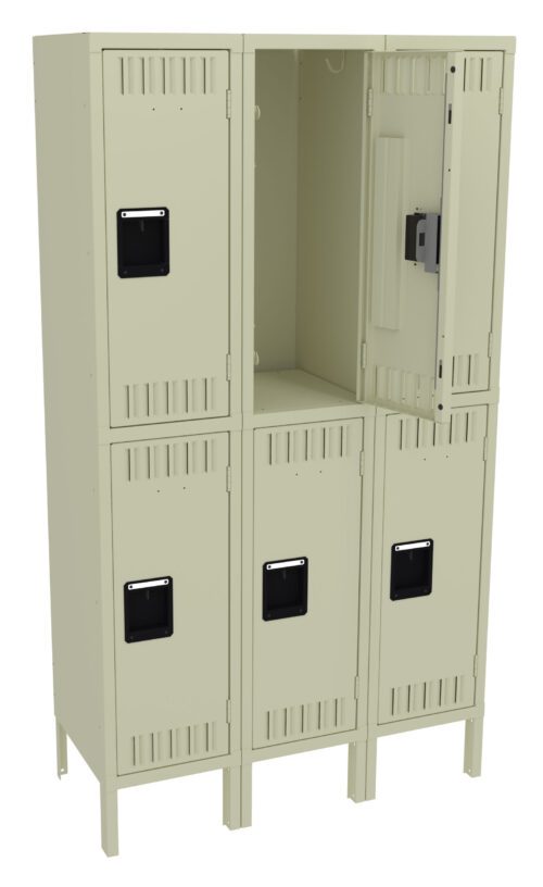 zitupuchb5bdil00mpdy.jpg A beige six-compartment locker with two rows and three columns. The top middle locker door is open, showing an empty interior. Each locker has a black rectangular handle and ventilation slots at the top and bottom.